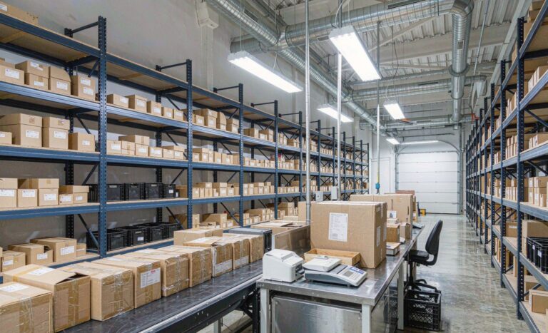 Fulfillment warehouse with inventory shelving and packed cartons