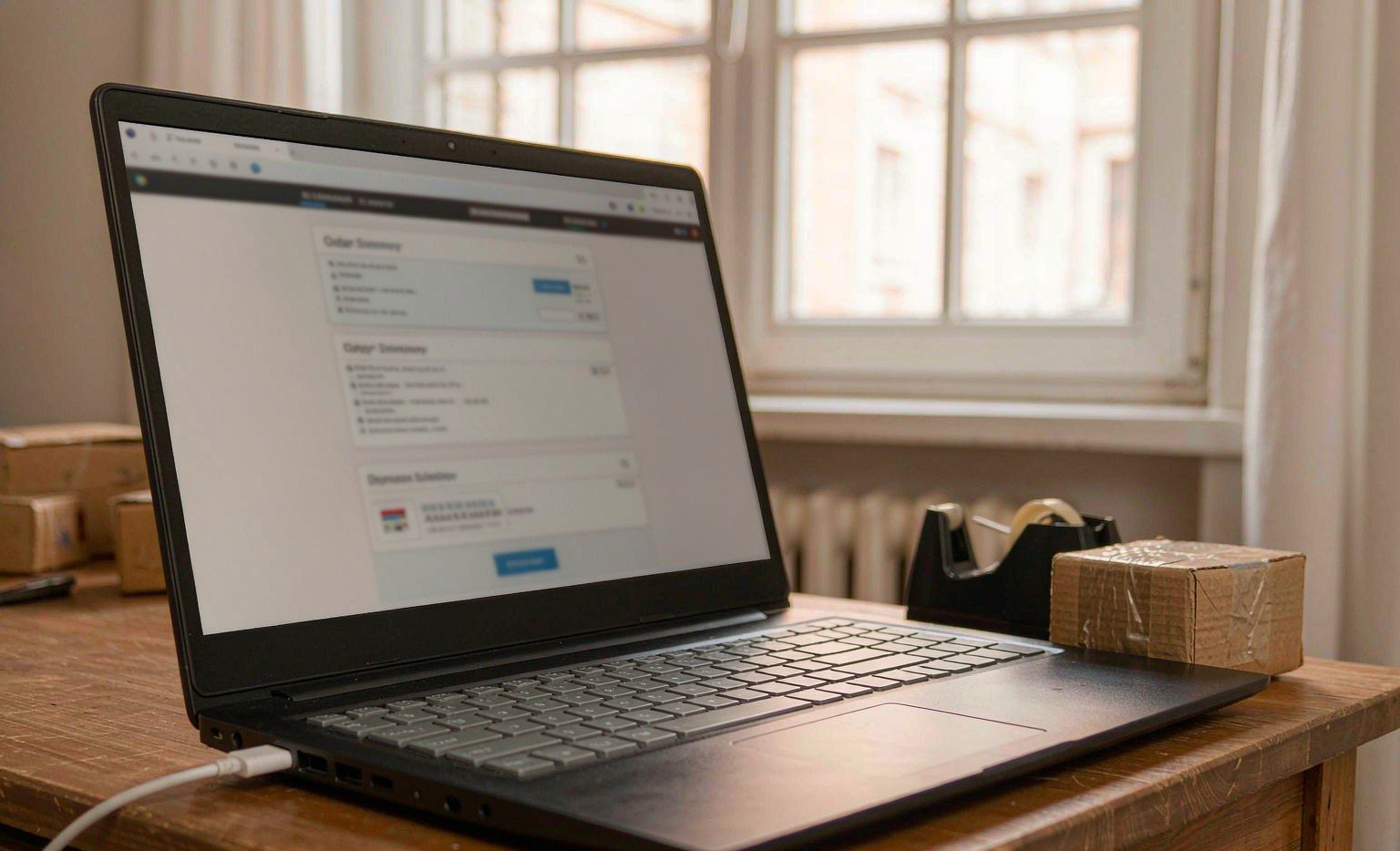 Online store checkout on a laptop beside a small parcel