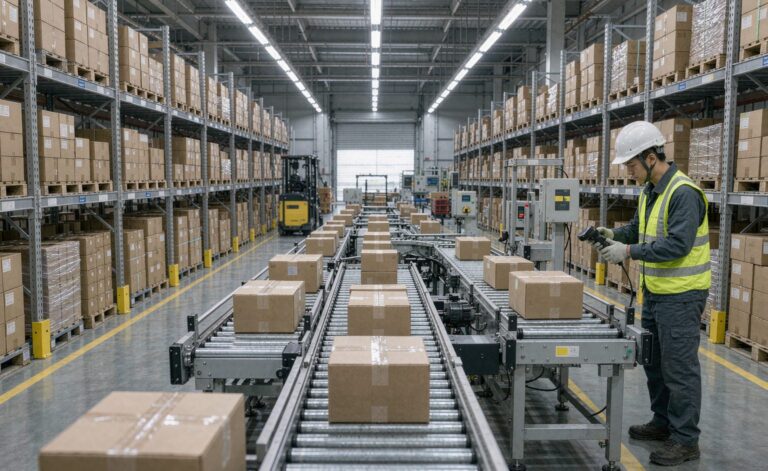 Modern ecommerce fulfillment warehouse with conveyor sorting line and packed boxes on shelves