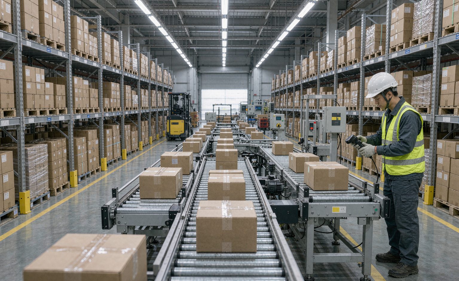 Modern ecommerce fulfillment warehouse with conveyor sorting line and packed boxes on shelves