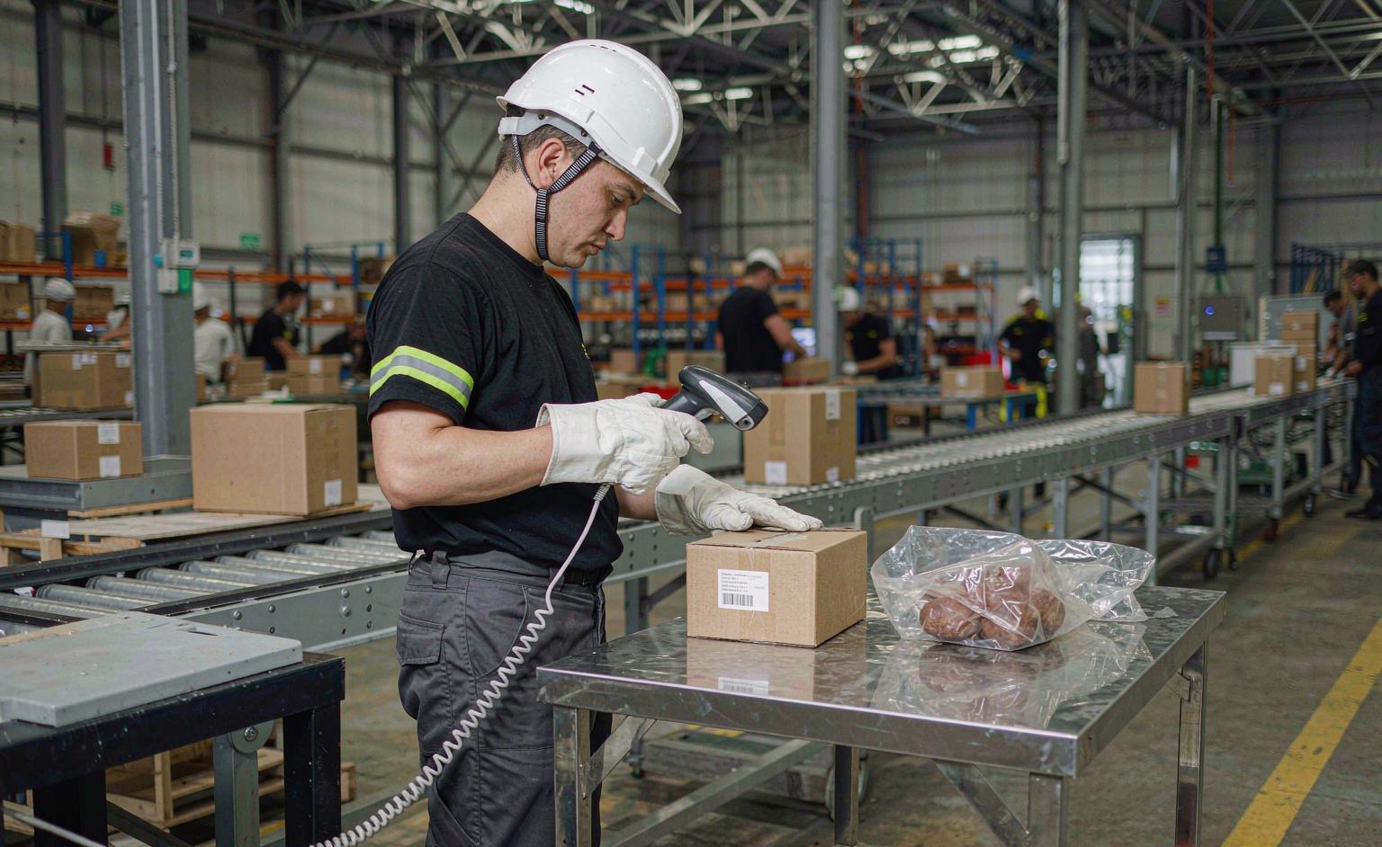 Warehouse worker scanning a shipping label with a handheld barcode scanner at a packing station