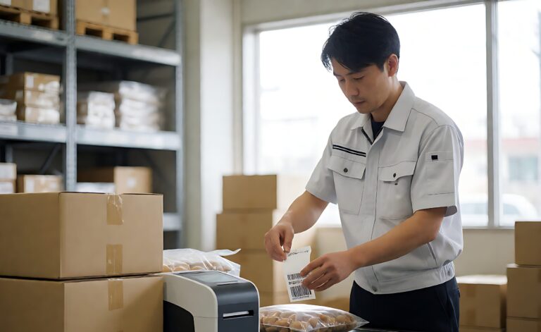 Worker applying a barcode label to a polybagged product at an FBA prep station