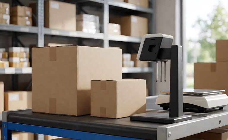 Large lightweight carton and small heavy carton beside a dimensioning scanner and scale