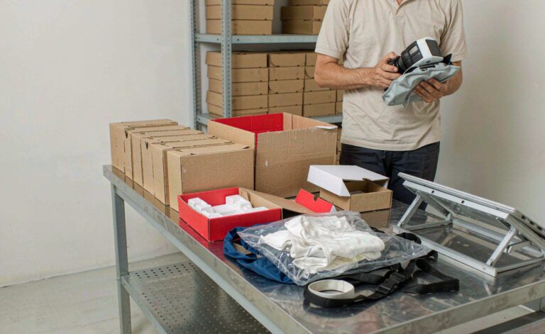 Worker triaging returned apparel parcels at a dropshipping returns workbench