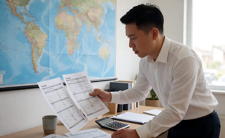 Logistics planner comparing printed freight quote sheets beside a world map