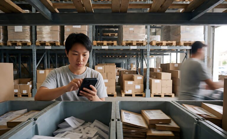 Warehouse split between pick bins in front and bulk pallet racking behind