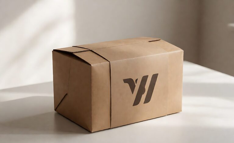 Branded packaging mockup with printed sleeve beside a plain carton