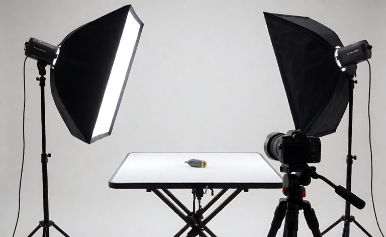 Small product photography studio with light table, softboxes and tripod camera