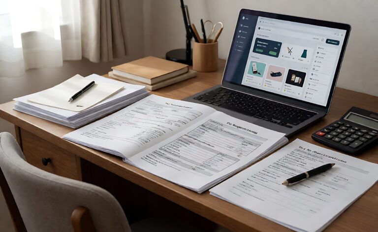 Desk with ecommerce dashboard, tax registration documents and a calculator