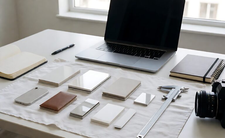 Product samples lined up on a desk with caliper, notebook and camera