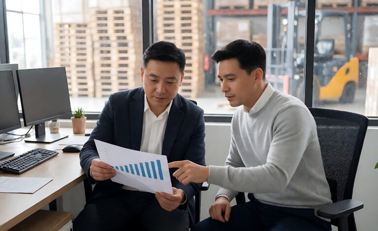 Manager reviewing a printed supplier performance chart with a colleague