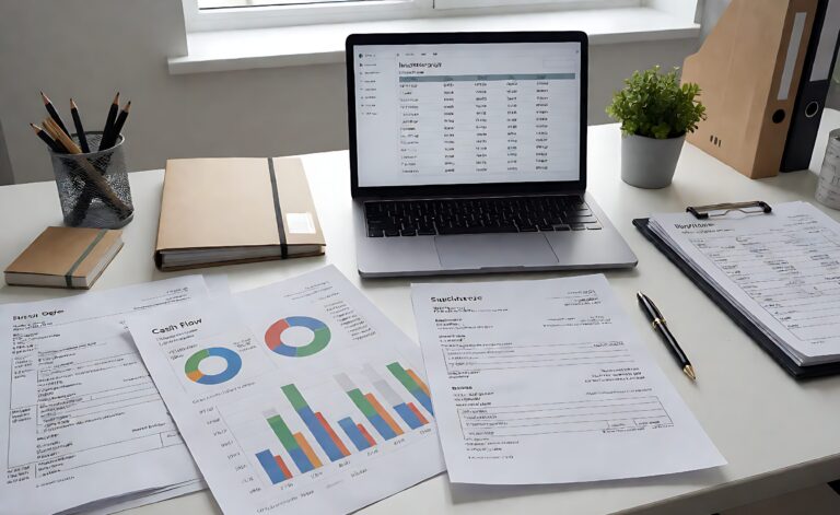 Desk with a cash flow chart, supplier invoices, purchase orders and an inventory report