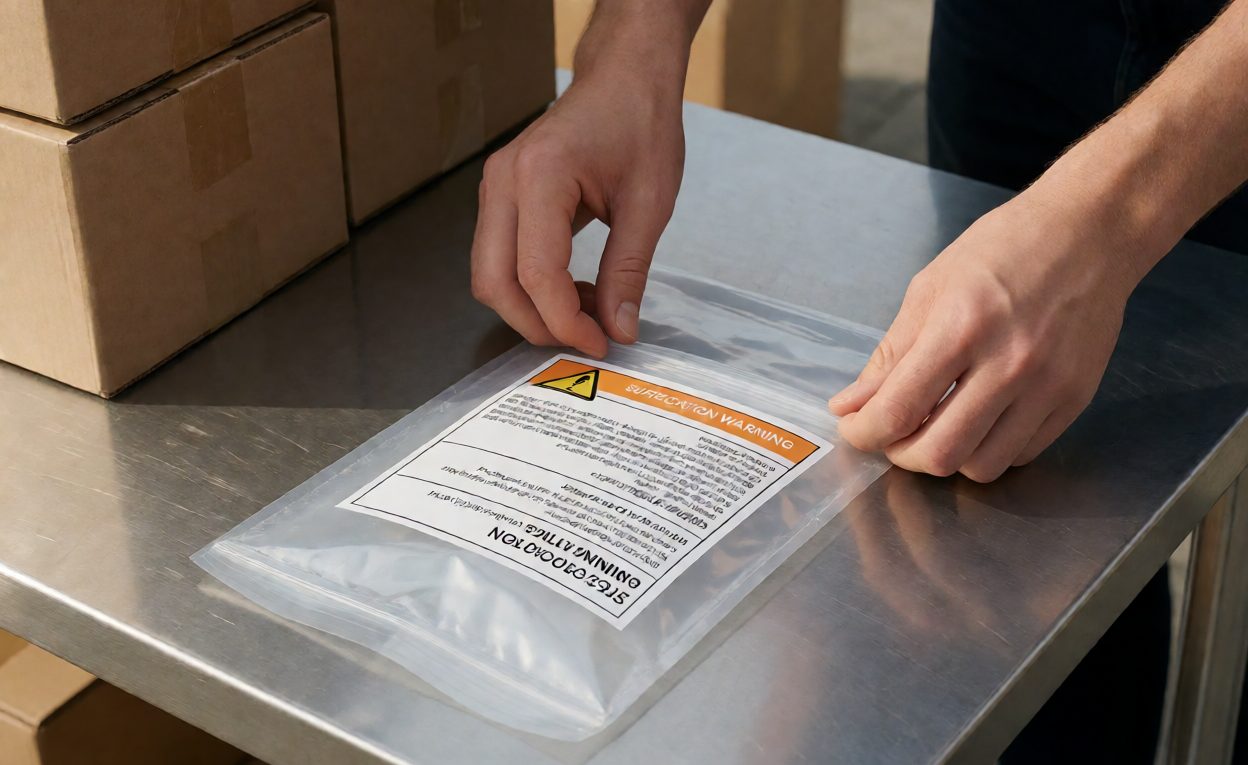 Hands sealing a clear polybag with a suffocation warning label on a packing table