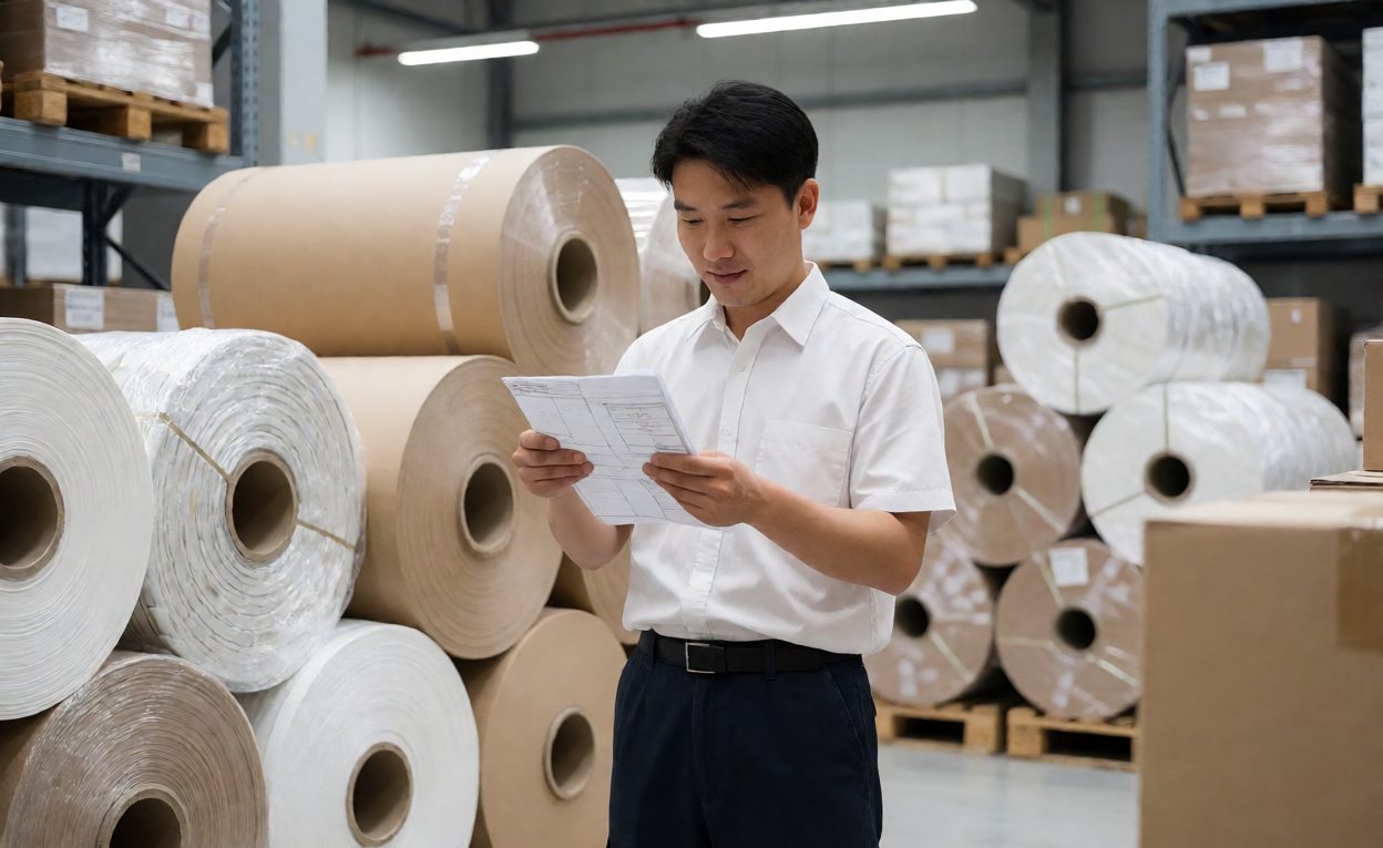 Factory material warehouse with stacked raw material and a worker checking a delivery note