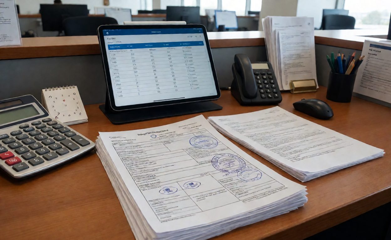 Customs desk with stamped import declarations and a duty schedule on a tablet