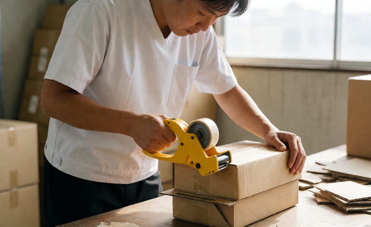 Worker reducing carton height on a packing bench with a tape dispenser
