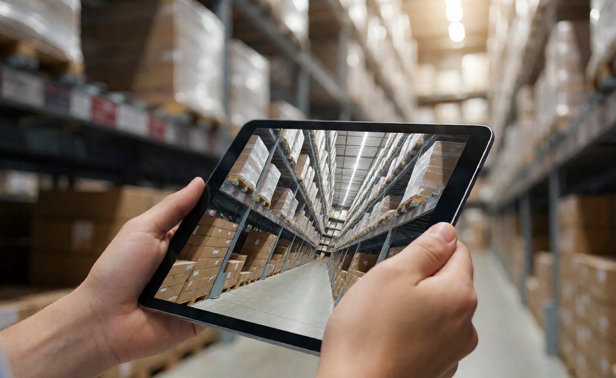Hands checking stock levels on a tablet while standing in a 3PL warehouse aisle