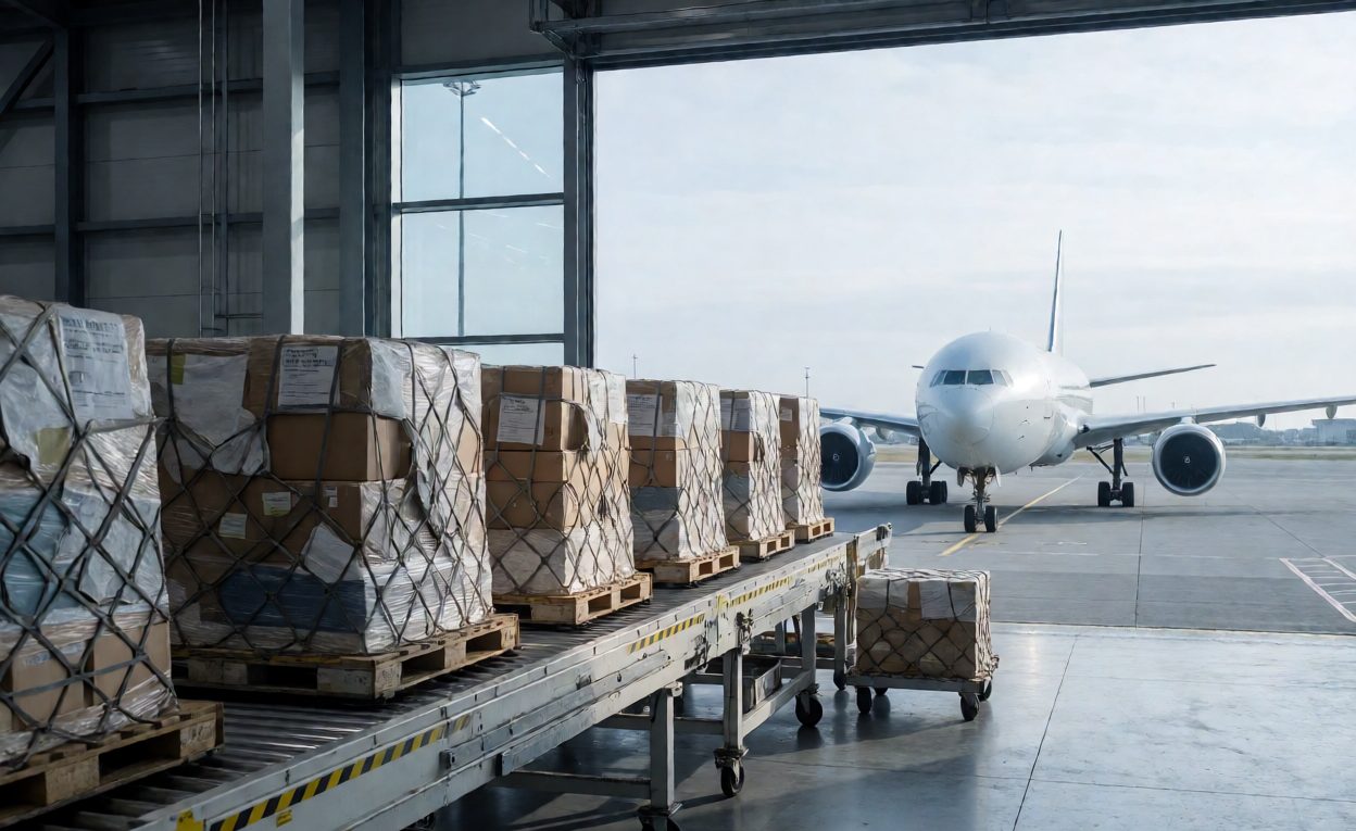 Air freight cargo being built into containers Air cargo terminal with stacked unit load devices and a freighter outside