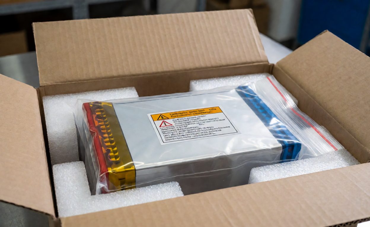 Lithium ion battery pack sealed in an antistatic bag with foam inserts in a carton