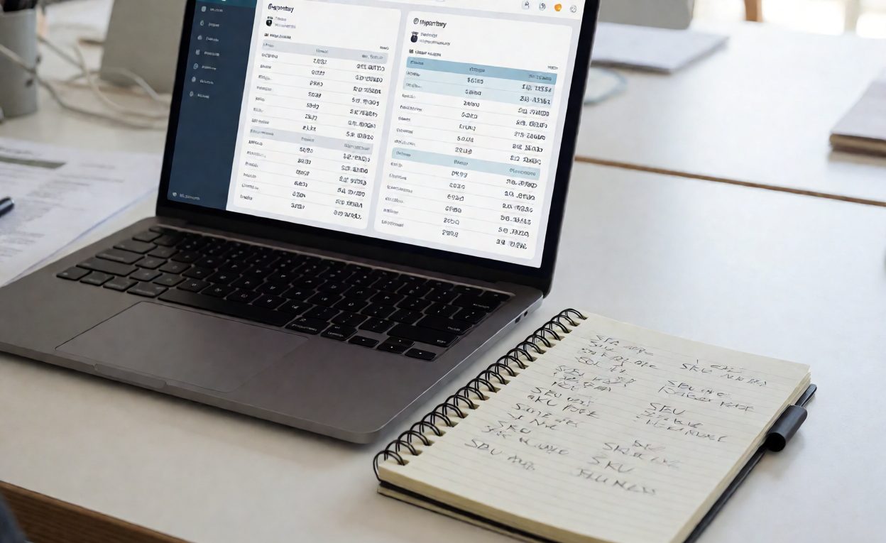 Laptop showing a two-column inventory dashboard beside a notebook