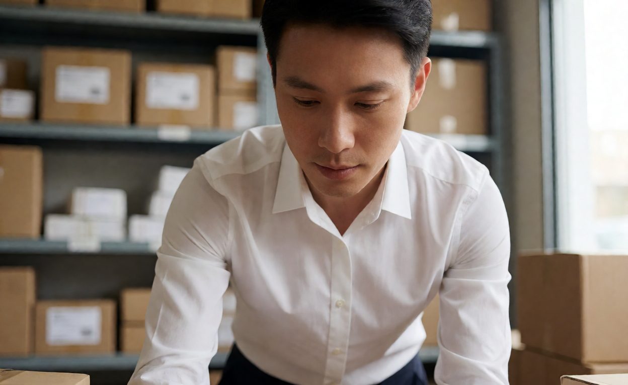 Clerk sorting international parcels into destination bins in a bonded warehouse