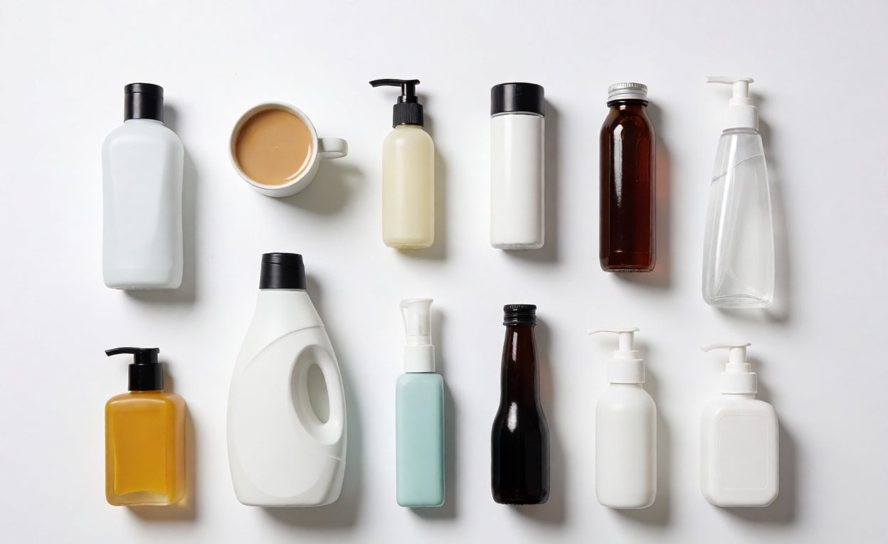 Consistent white-background catalogue framing Several consumer products arranged on a seamless white background