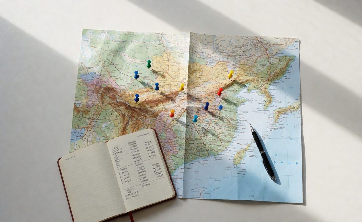 Desk map with pins marking sales regions beside a notebook of threshold figures