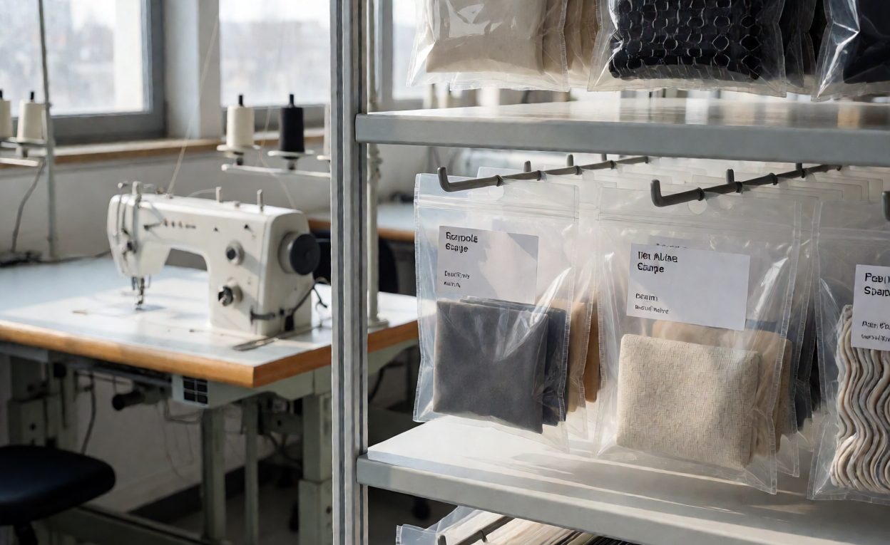 Shelf of labelled product samples in clear bags inside a factory sample room