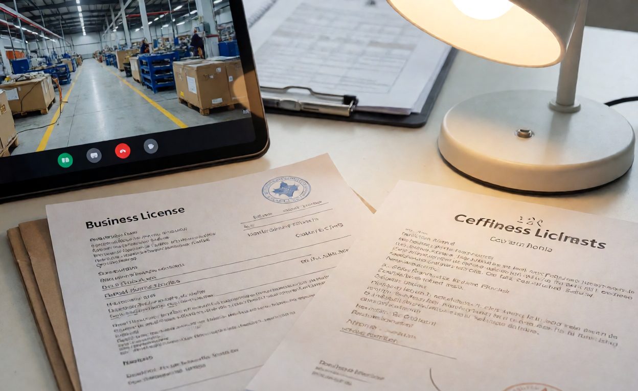 Checking entity documents during onboarding Business licence and certification documents beside a factory video call