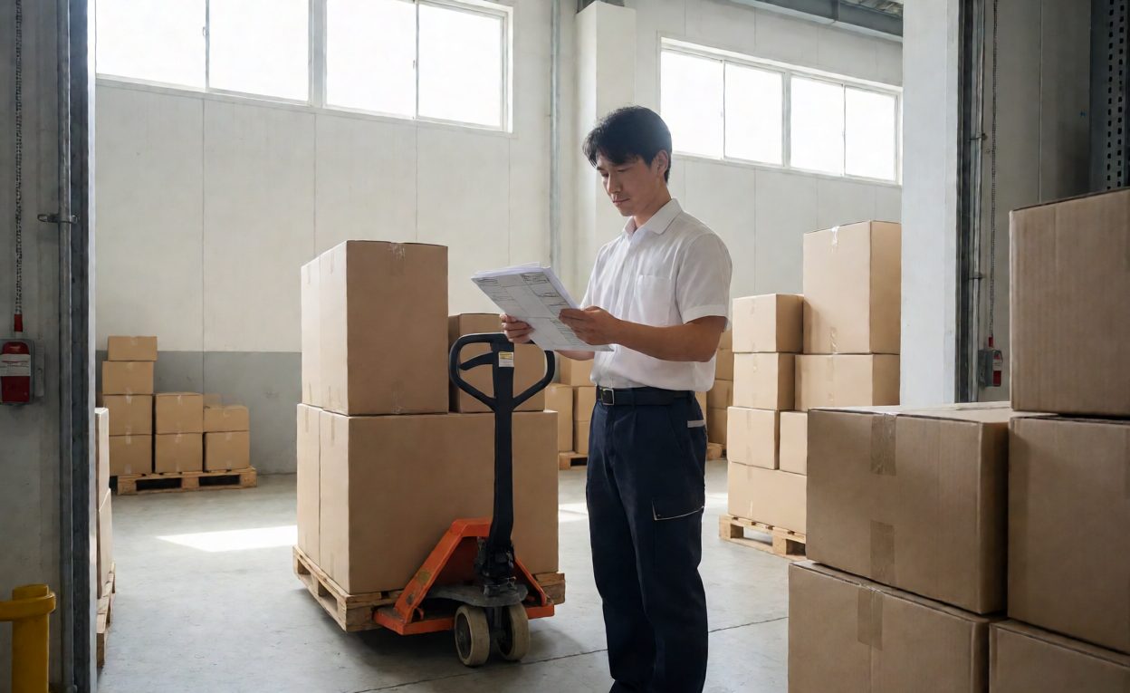 Verifying received cartons against a purchase order Worker checking incoming cartons against a purchase order at a receiving dock