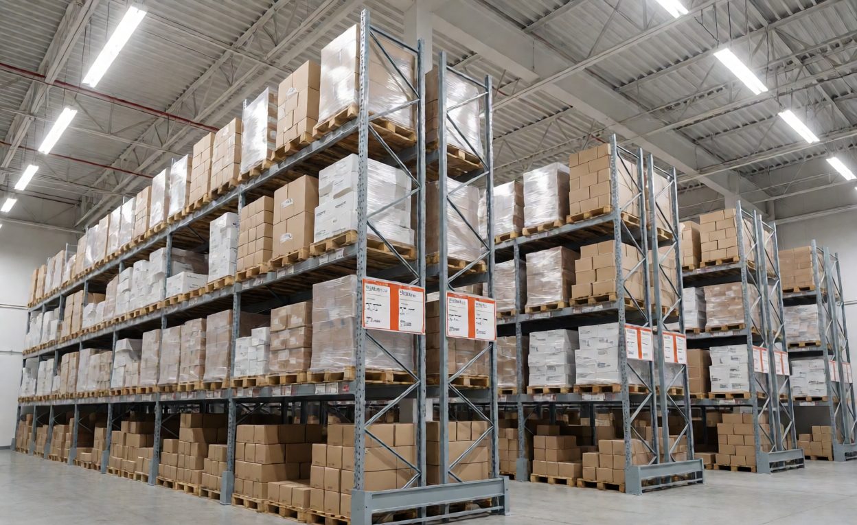 Warehouse aisle with pallets of boxed wholesale stock and inventory tags