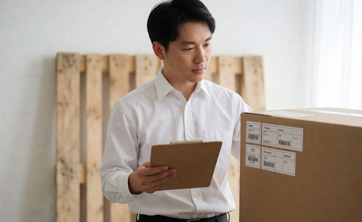Worker checking carton shipping labels against a checklist before inbound shipment