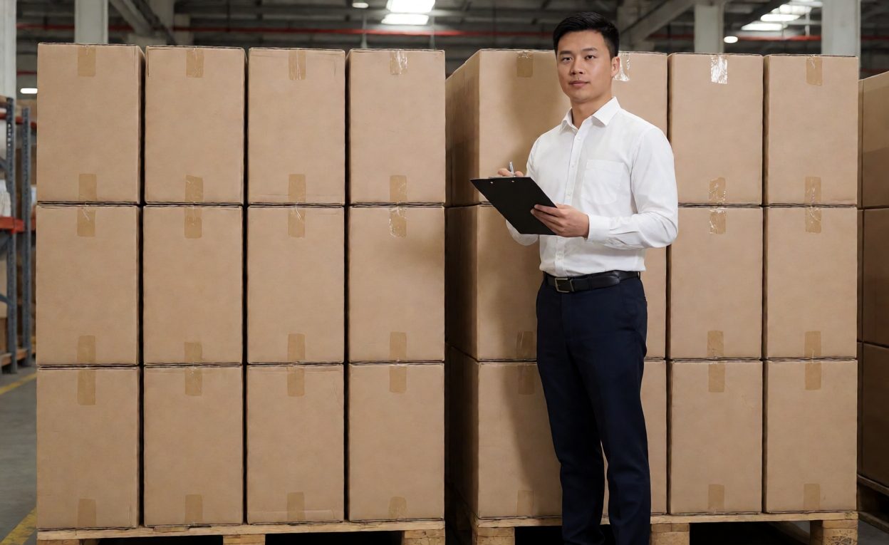 Finished cartons on pallets with an inspector holding a clipboard