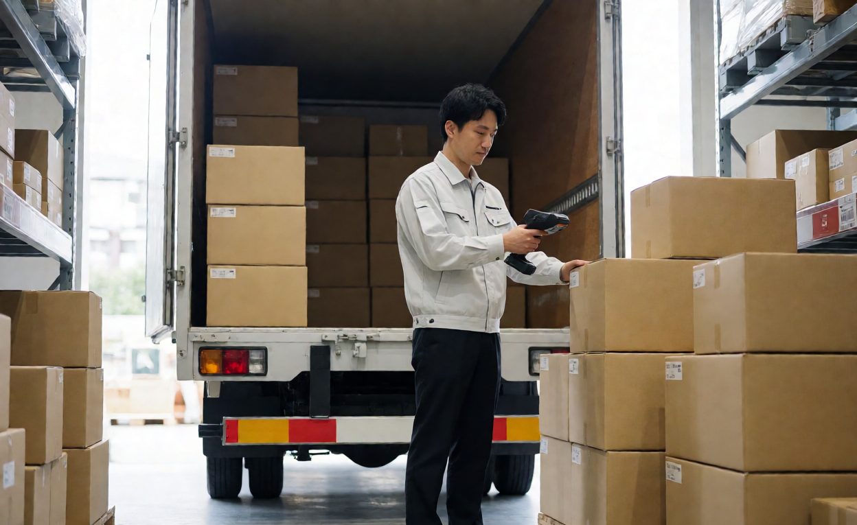 Cartons unloaded from a truck directly into a merchant warehouse aisle