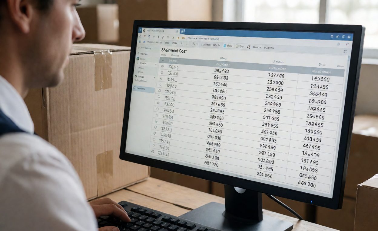 Warehouse screen showing a shipment cost table with carton dimensions and weights