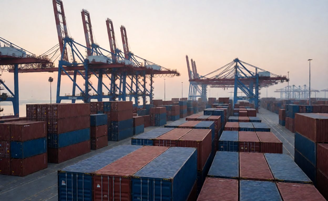 Ocean freight containers stacked at a port terminal Container port with stacked shipping containers and gantry cranes at dawn