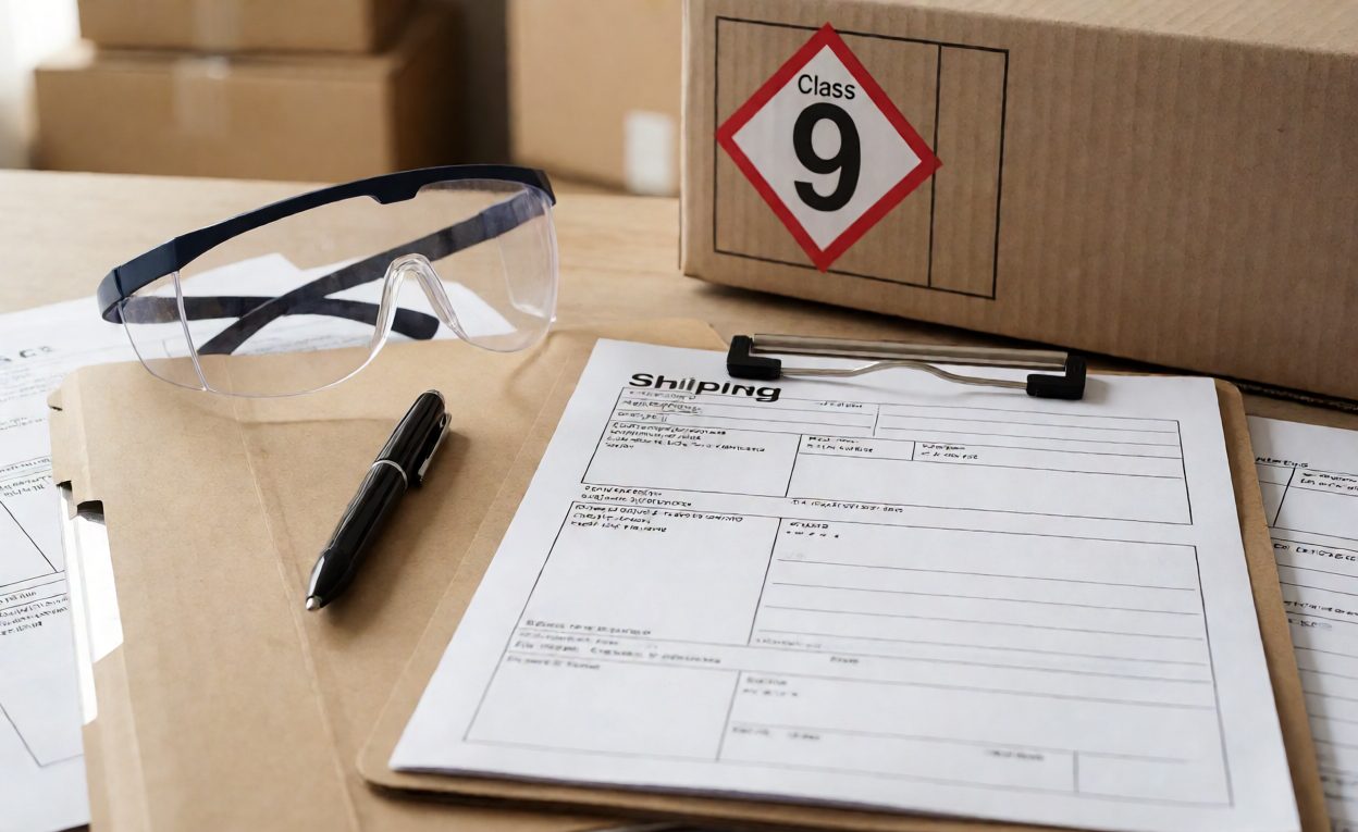Shipping documents and clipboard beside a carton with a class 9 hazard label