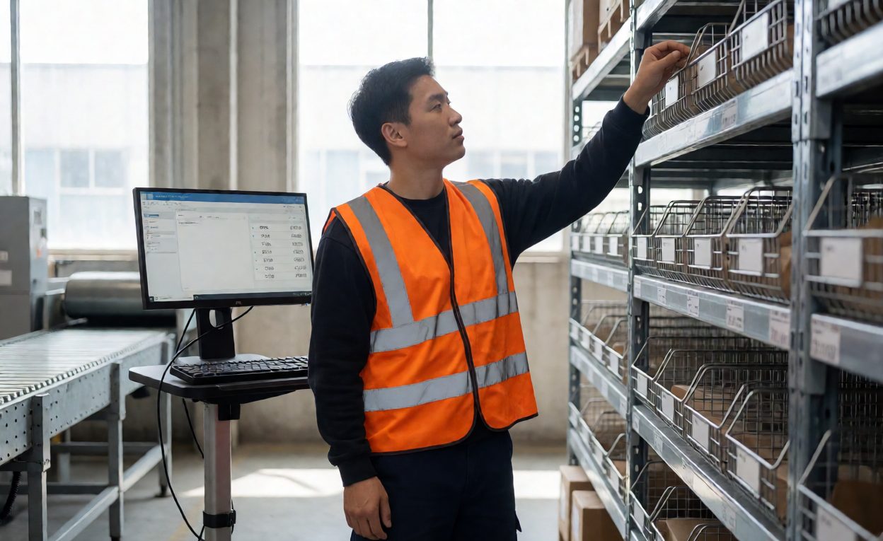 Worker picking from bin shelves with an order queue monitor nearby