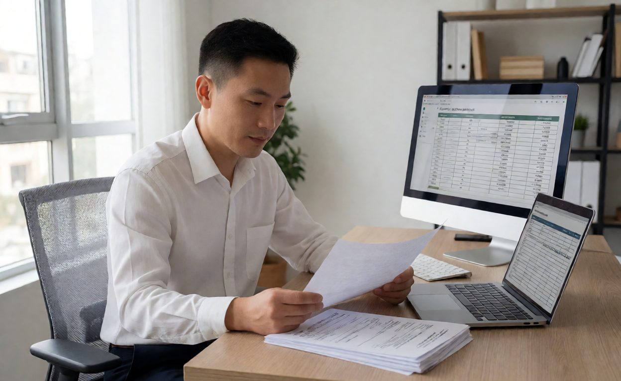 Seller comparing a landed cost spreadsheet with supplier invoices and shipping rates
