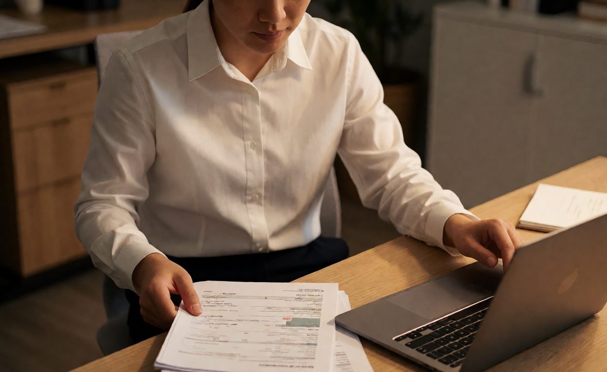 Accountant reviewing marketplace sales reports and invoices at a desk