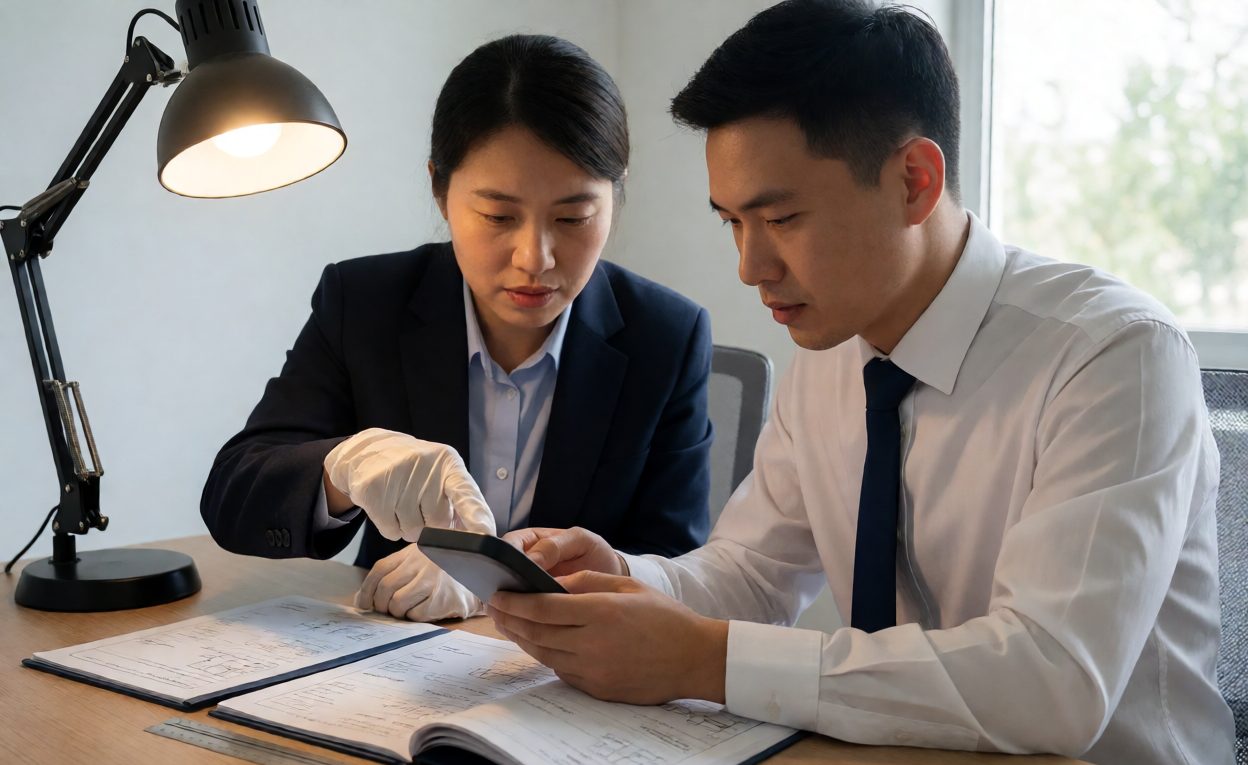 Buyer and factory technician examining a product sample under a desk lamp