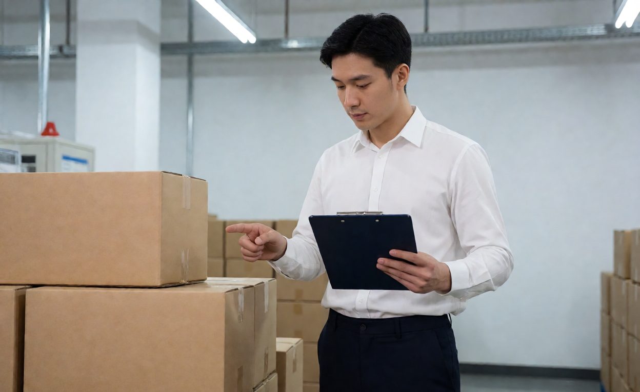 Reviewing quality evidence at a factory Quality clerk checking cartons against an inspection report on a clipboard
