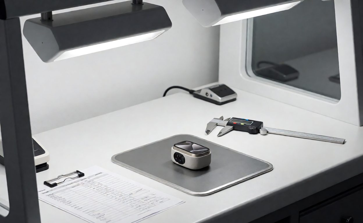 Recording defects at a quality inspection bench Quality inspection bench with products under lamps, calipers and a defect tally sheet