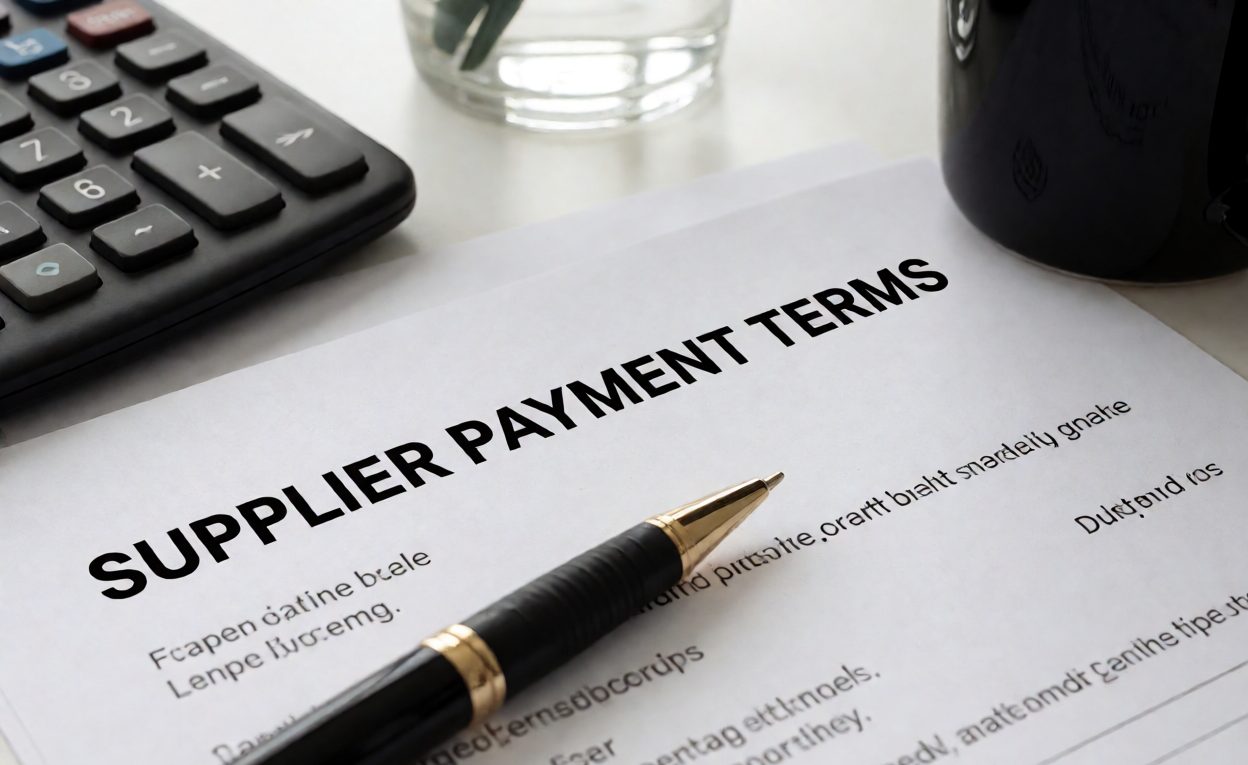 Supplier payment terms document with a pen and calculator on a desk