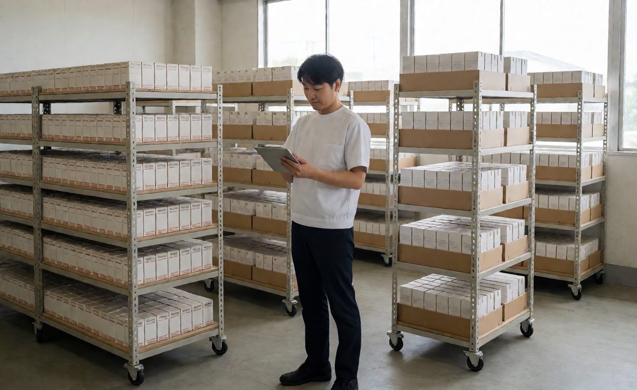 Worker counting retail cartons on warehouse shelving during a prep audit