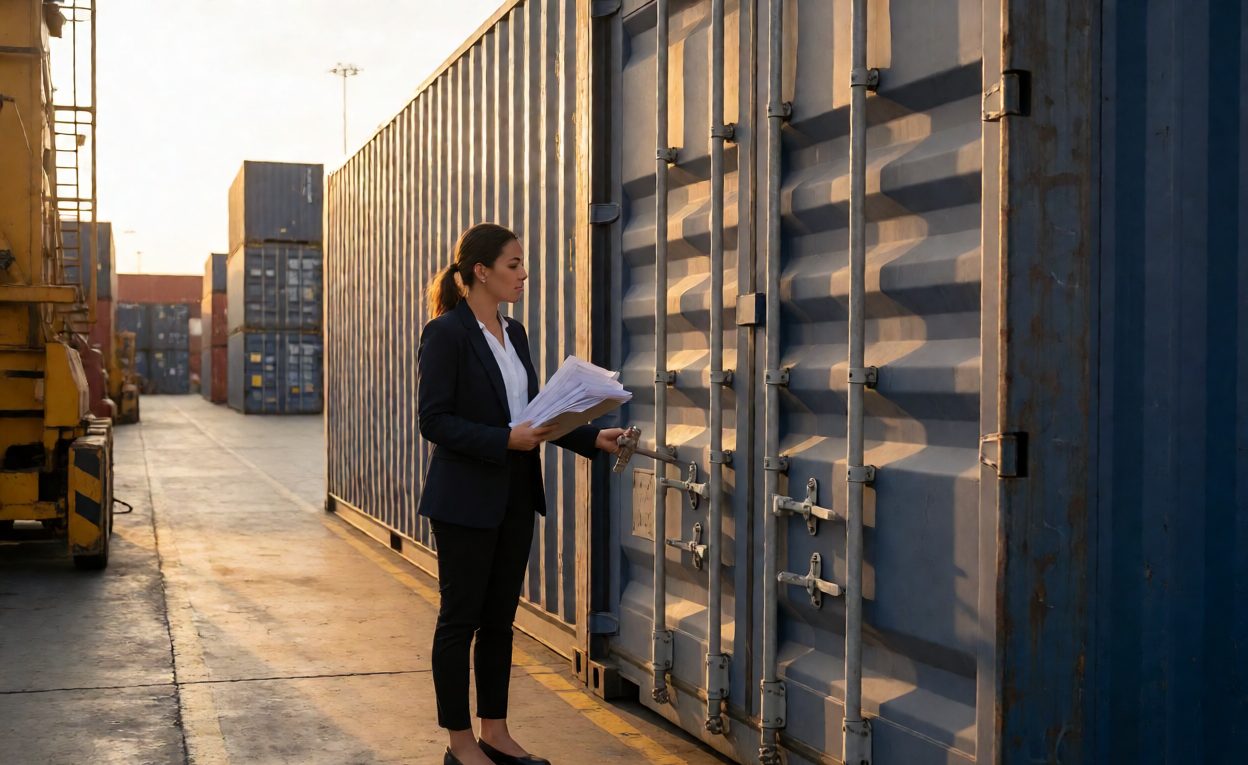 Container being sealed at a dock with a supervisor holding shipping documents