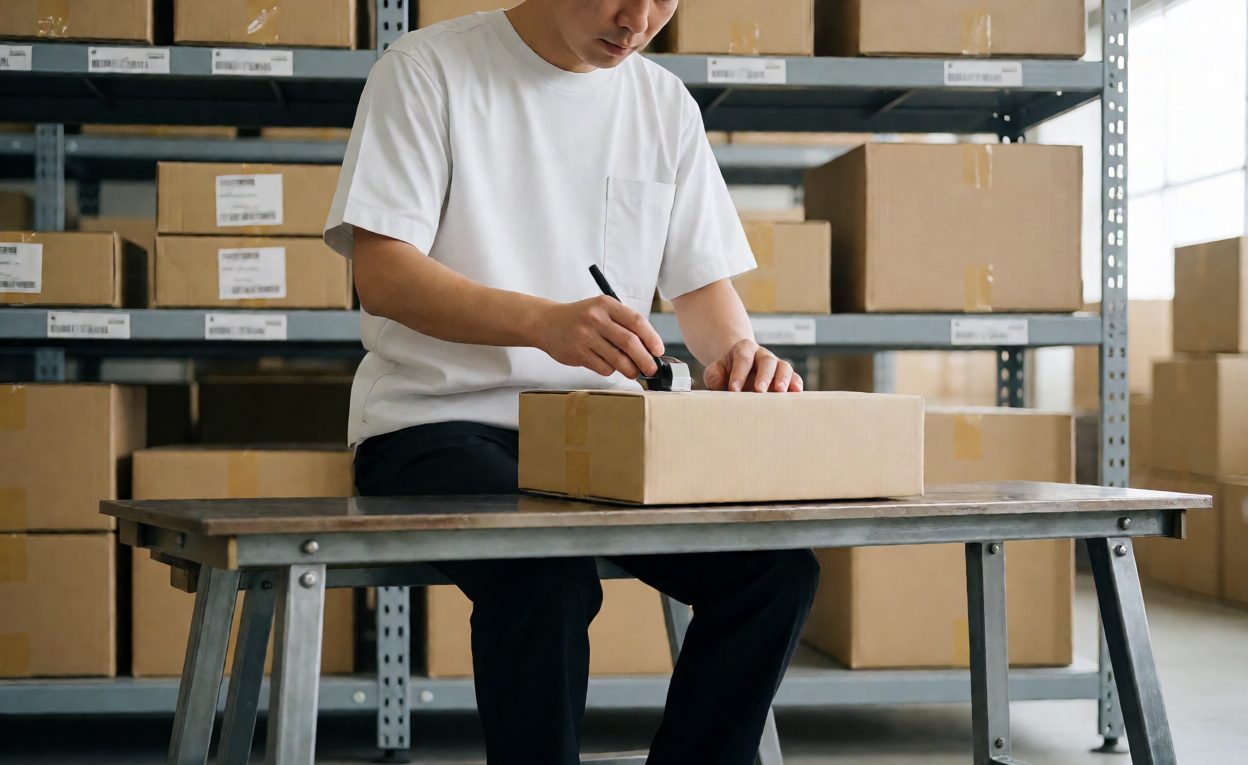 Worker labelling a parcel picked from bonded stock at a packing bench