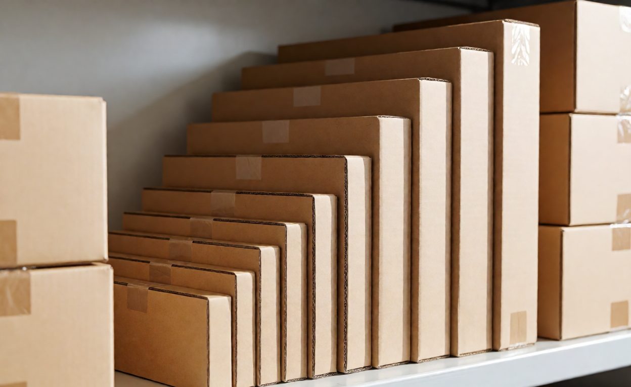 Graduated set of flat-packed cartons arranged on a warehouse shelf