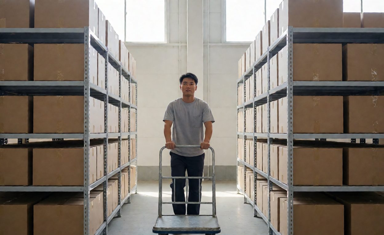 Two stocked warehouse zones connected by a replenishment cart