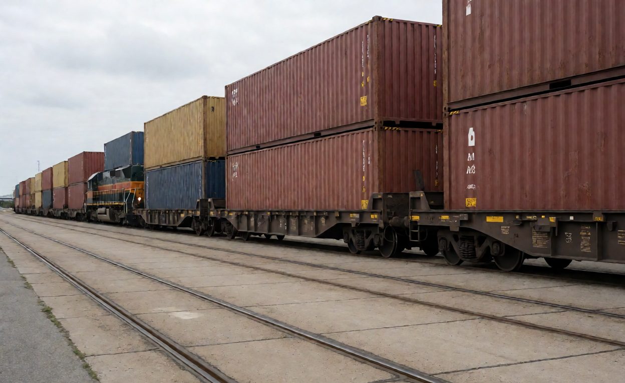 Rail freight intermodal containers on flatcars Rail freight terminal with intermodal containers on flatcars and a locomotive